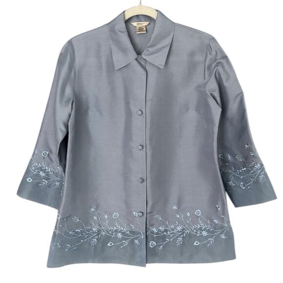 Vintage 100% Raw Silk Embroidered Blouse Women's Small Button Front Lightweight - Picture 1 of 6